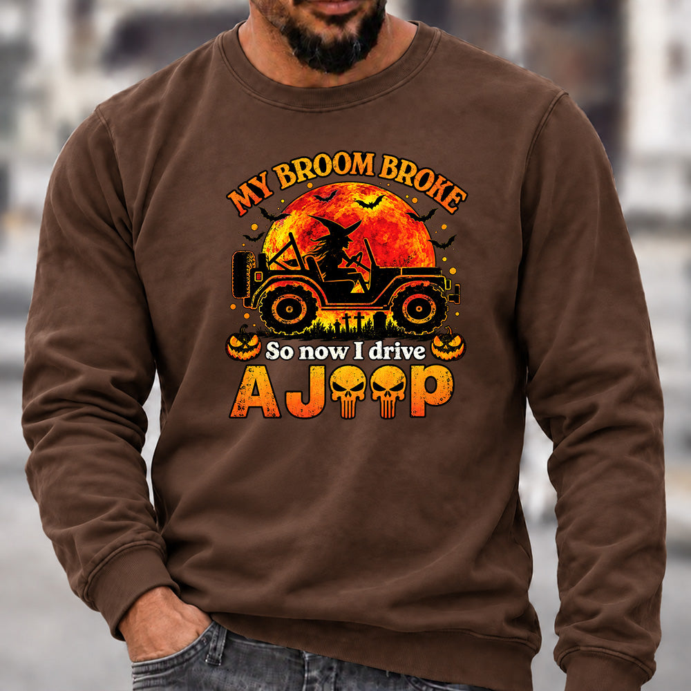 Men’s Crew Neck Sweatshirt, My Broom Broke So Now I Drive A Jeep Halloween Witch Offroad Graphic Pullover, Halloween Jeep Lover Casual Top