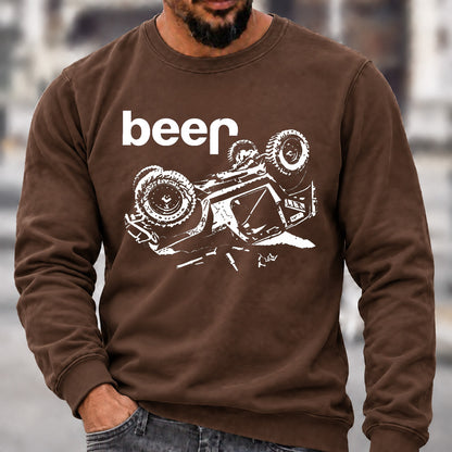 Funny Beer Jeep Rollover Crew Neck Sweatshirt, Offroad Men’s Graphic Casual Long Sleeve Pullover
