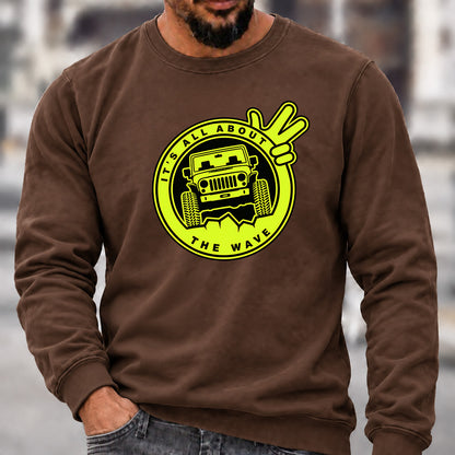 Men’s Crew Neck Sweatshirt, It's All About The Wave Jeep Wave Offroad Graphic Pullover, Jeep Lover Casual Long Sleeve Top