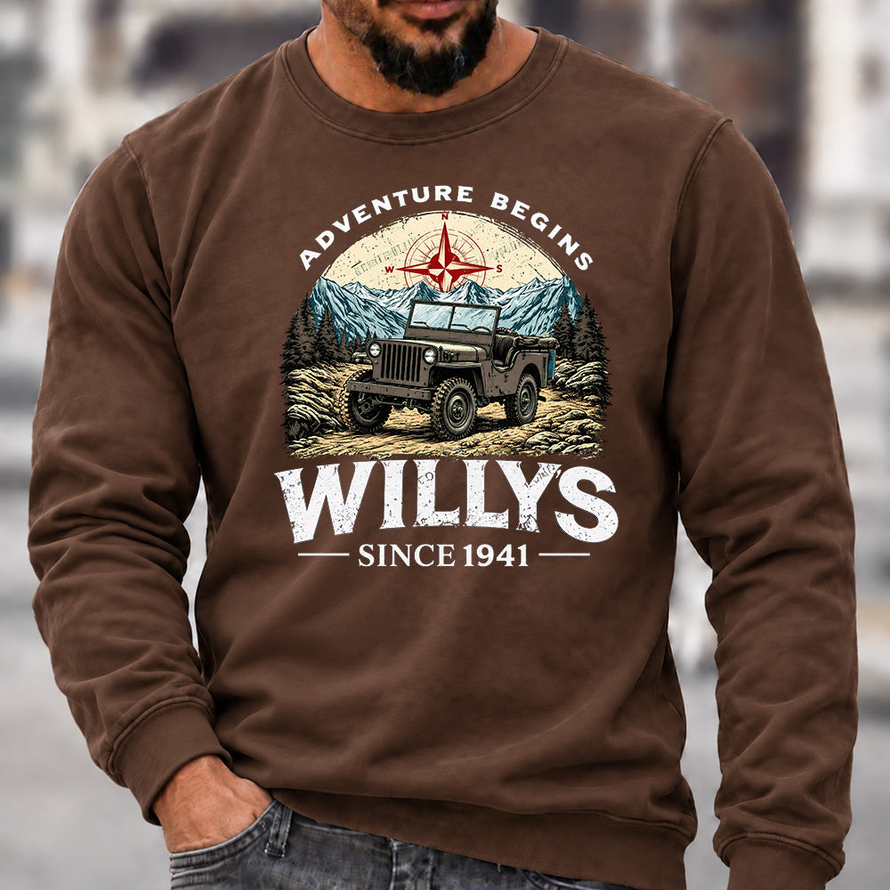 Willys Since 1941 Crew Neck Sweatshirt, Vintage Willys Jeep Men’s Graphic Casual Long Sleeve Pullover Top