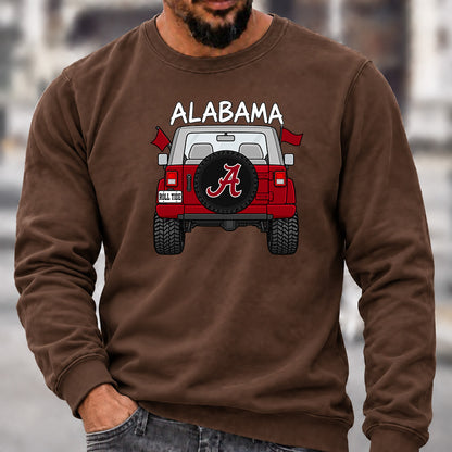 Men’s Crew Neck Sweatshirt, Alabama Roll Tide Themed Jeep Rear View Graphic Pullover, Football Fan Casual Offroad Top