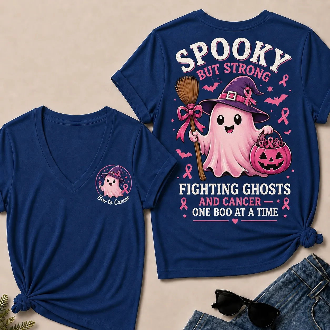 "Fighting Ghosts and Cancer – One BOO at a Time" V-Neck Tee