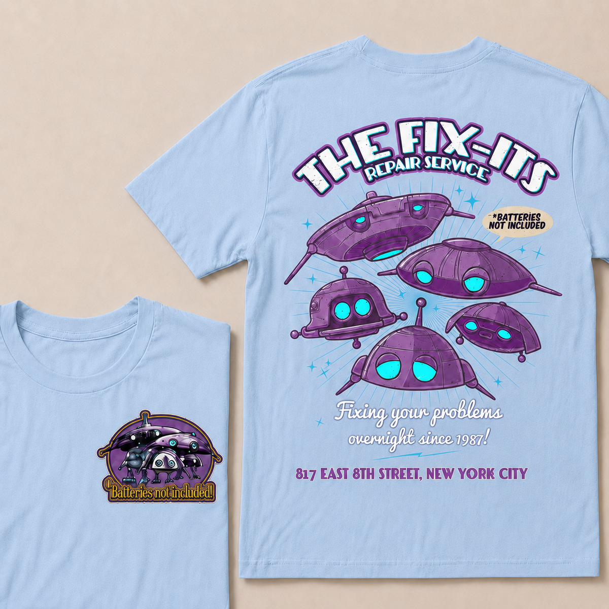 Batteries Not Included 1987 Inspired T-Shirt, The Fix-It Repair Service Retro Sci-Fi Graphic Tee, Vintage Alien Robot Movie Shirt, Unisex Gift