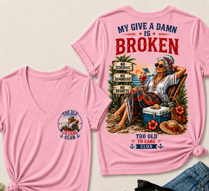 Women’s V-Neck Retirement T-Shirt – Too Old To Care Club Funny Relaxed Beach Lifestyle Tee