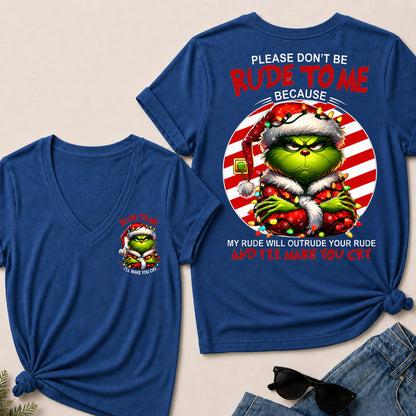 Grinch Christmas V‑Neck T‑Shirt, Please Don’t Be Rude To Me Funny Holiday Graphic Tee, Christmas Grinch Short Sleeve Top For Women