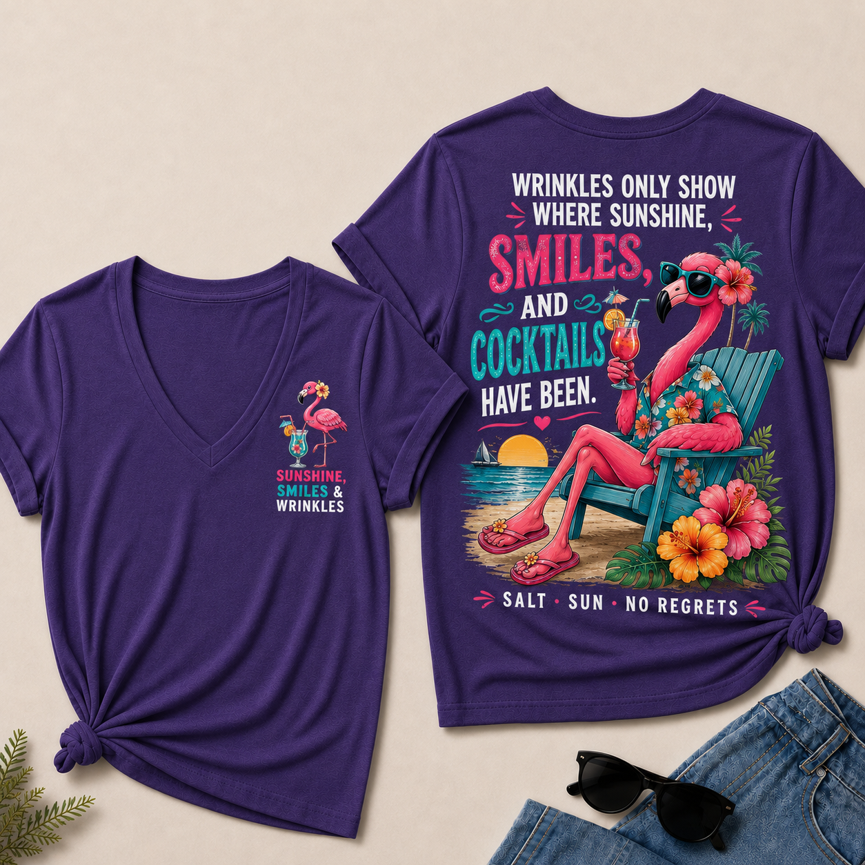Wrinkles Only Show Where Sunshine, Smiles & Cocktails Have Been V-Neck T-Shirt