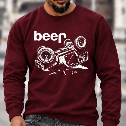 Funny Beer Jeep Rollover Crew Neck Sweatshirt, Offroad Men’s Graphic Casual Long Sleeve Pullover
