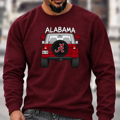 Men’s Crew Neck Sweatshirt, Alabama Roll Tide Themed Jeep Rear View Graphic Pullover, Football Fan Casual Offroad Top