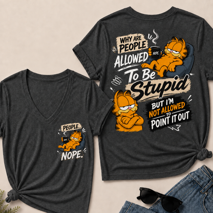 Women’s Funny Garfield V‑Neck Graphic T‑Shirt, Sarcastic Quote Short Sleeve Tee, Front & Back Print Casual Top