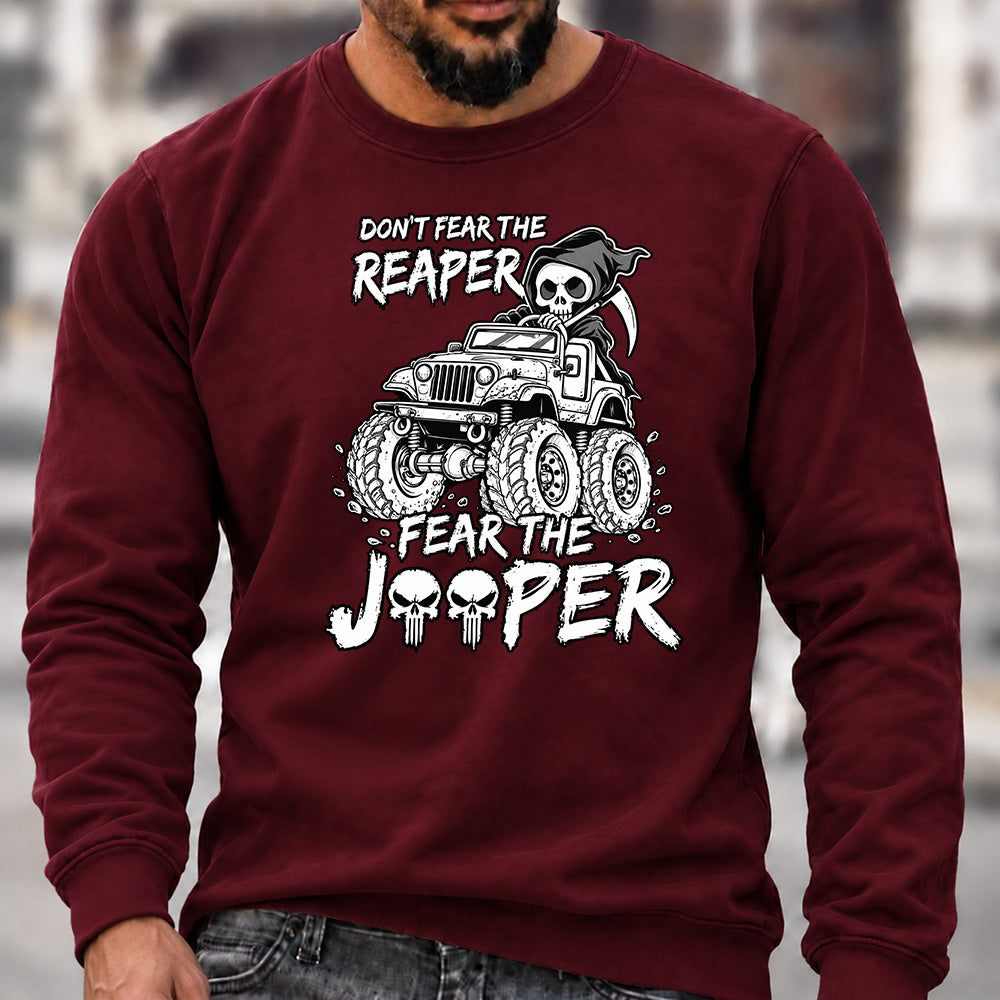 Don't Fear The Reaper Fear The Jeeper Crew Neck Sweatshirt, Men’s Grim Reaper Jeep Graphic Casual Long Sleeve Pullover Top