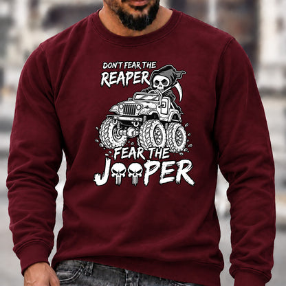 Don't Fear The Reaper Fear The Jeeper Crew Neck Sweatshirt, Men’s Grim Reaper Jeep Graphic Casual Long Sleeve Pullover Top