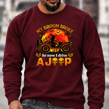 Men’s Crew Neck Sweatshirt, My Broom Broke So Now I Drive A Jeep Halloween Witch Offroad Graphic Pullover, Halloween Jeep Lover Casual Top