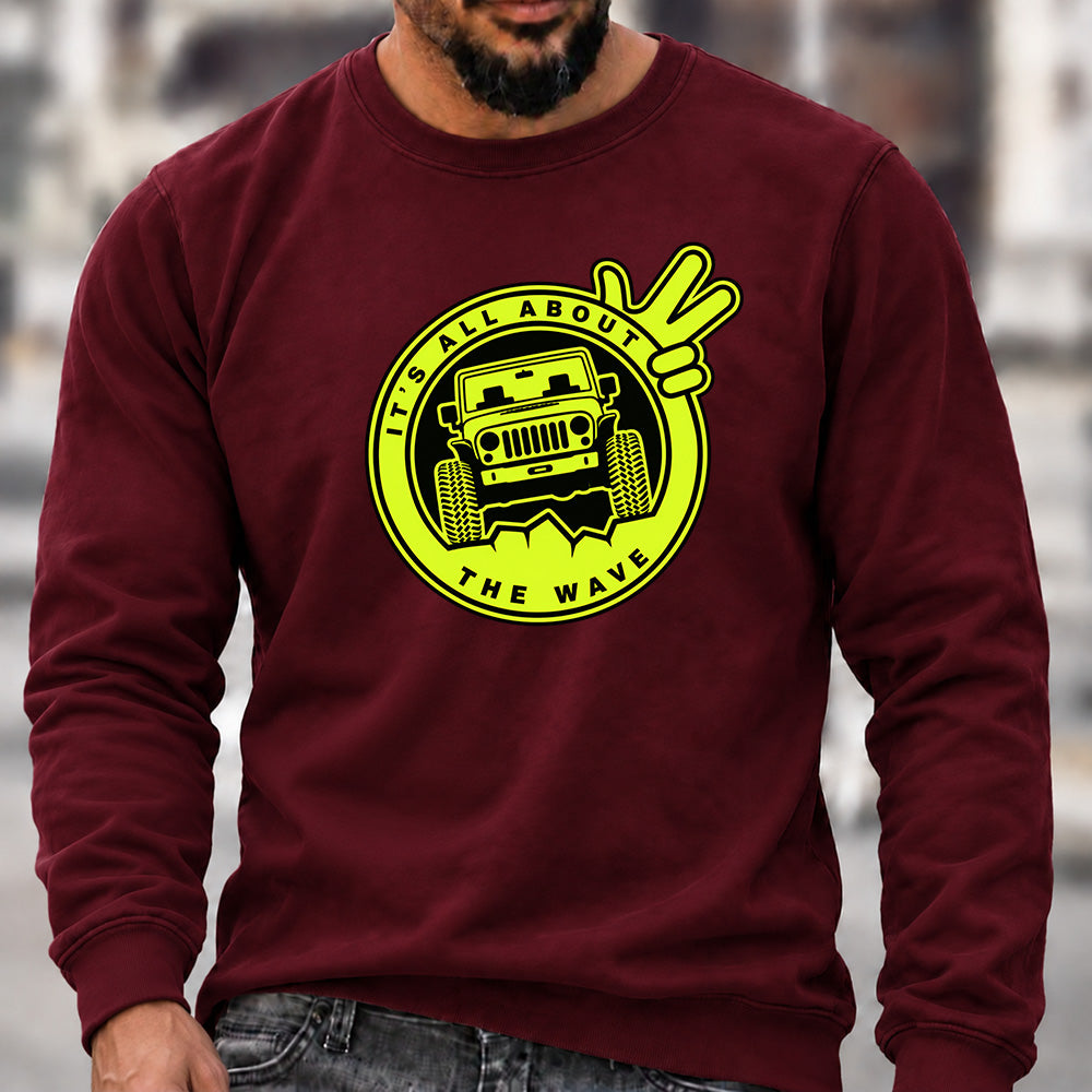 Men’s Crew Neck Sweatshirt, It's All About The Wave Jeep Wave Offroad Graphic Pullover, Jeep Lover Casual Long Sleeve Top