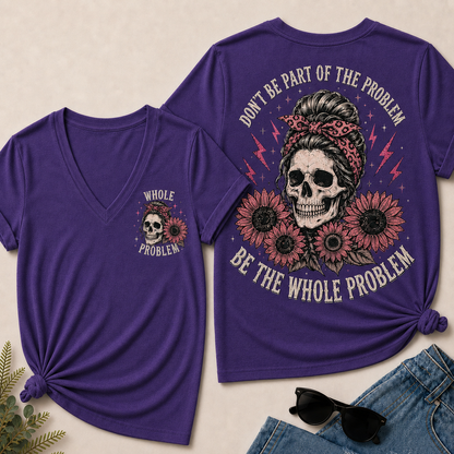 Women’s V‑Neck T‑Shirt, Leopard Bandana Skull Sunflower “Be The Whole Problem” Graphic Tee, Front & Back Print Sarcastic Casual Short Sleeve Top
