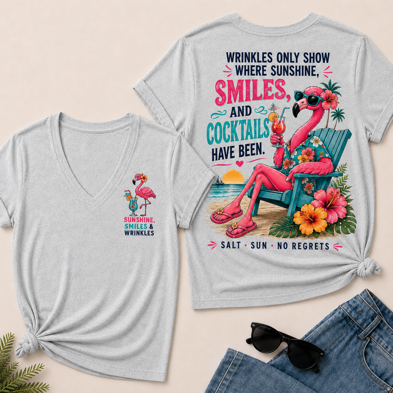 Wrinkles Only Show Where Sunshine, Smiles & Cocktails Have Been V-Neck T-Shirt