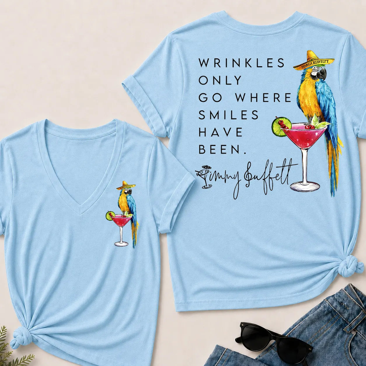 Wrinkles Only Go Where Smiles Have Been – Jimmy Buffett Tribute V-Neck T-Shirt