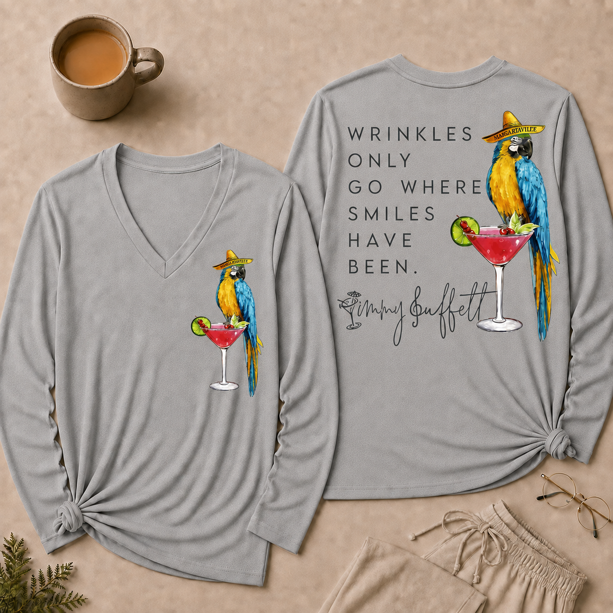 Wrinkles Only Go Where Smiles Have Been V Neck Long Sleeve Shirt