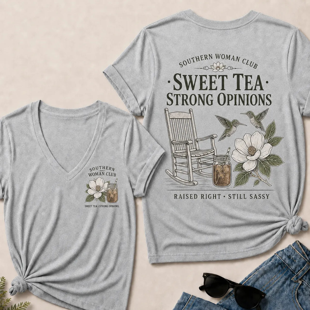 Southern Woman Club Sweet Tea Strong Opinions V-Neck T-shirts