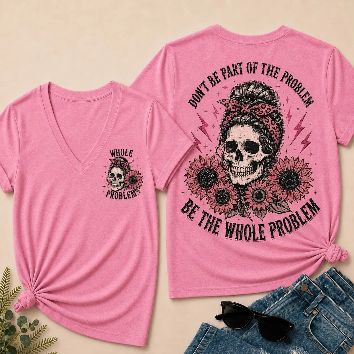 Women’s V‑Neck T‑Shirt, Leopard Bandana Skull Sunflower “Be The Whole Problem” Graphic Tee, Front & Back Print Sarcastic Casual Short Sleeve Top