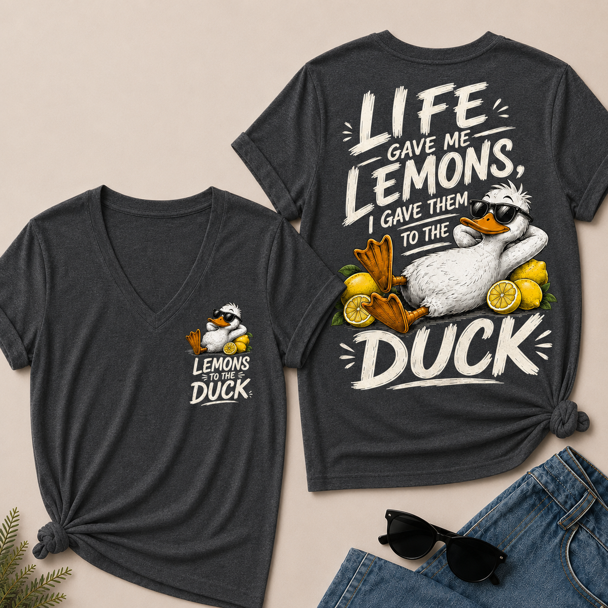 "Life Gave Me Lemons, I Gave Them To The Duck" Funny Duck V-Neck T-Shirt