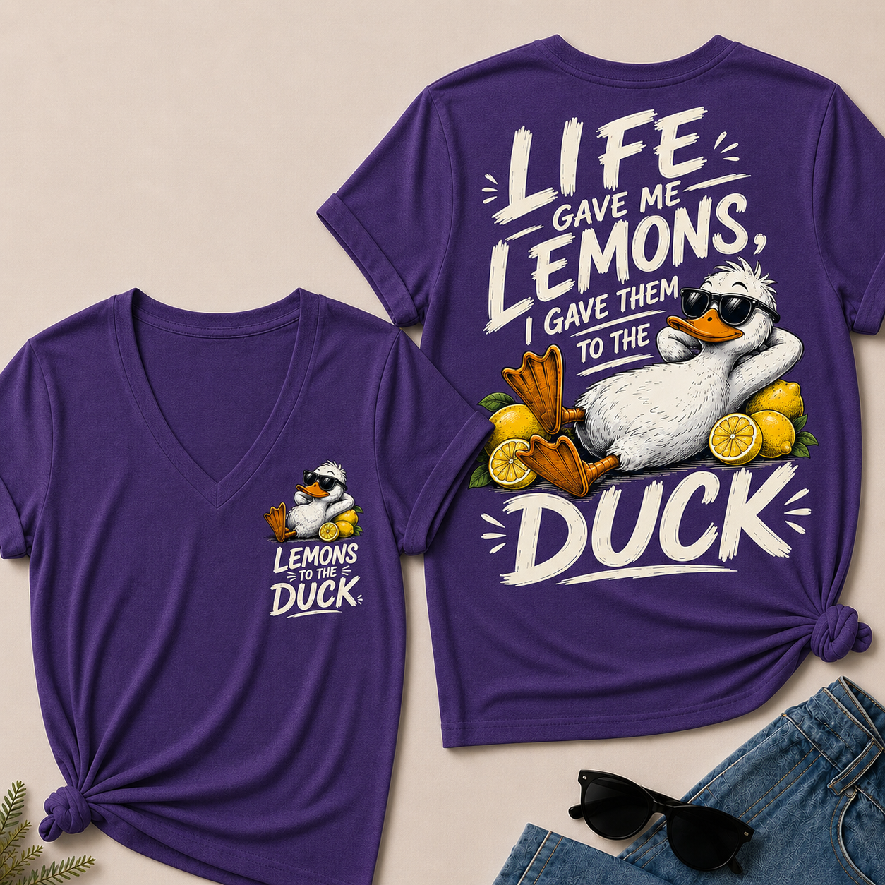 "Life Gave Me Lemons, I Gave Them To The Duck" Funny Duck V-Neck T-Shirt