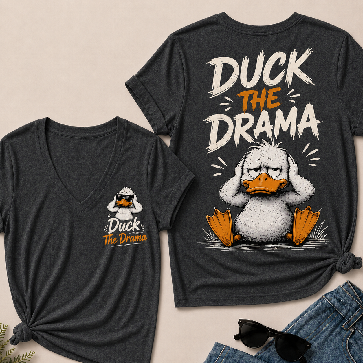 "Duck The Drama" Funny Duck V-Neck Tee