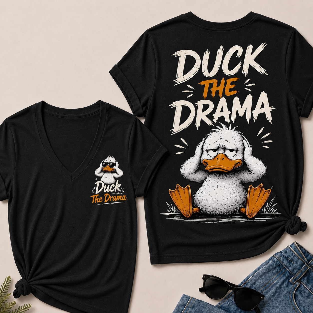"Duck The Drama" Funny Duck V-Neck Tee