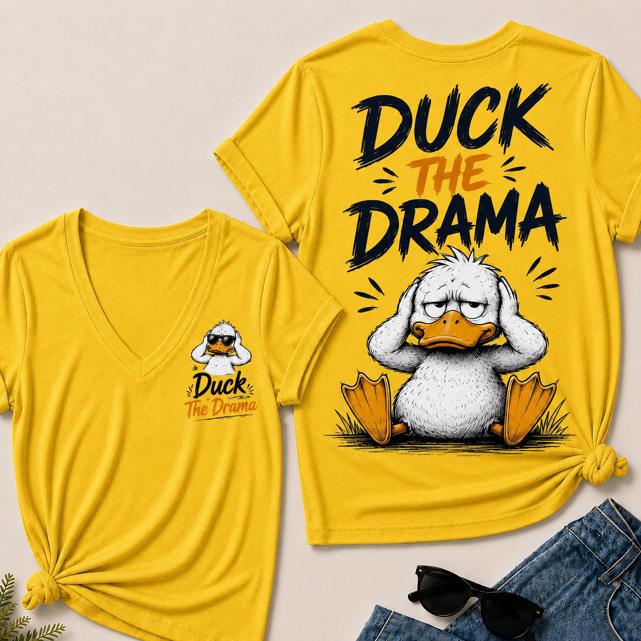"Duck The Drama" Funny Duck V-Neck Tee