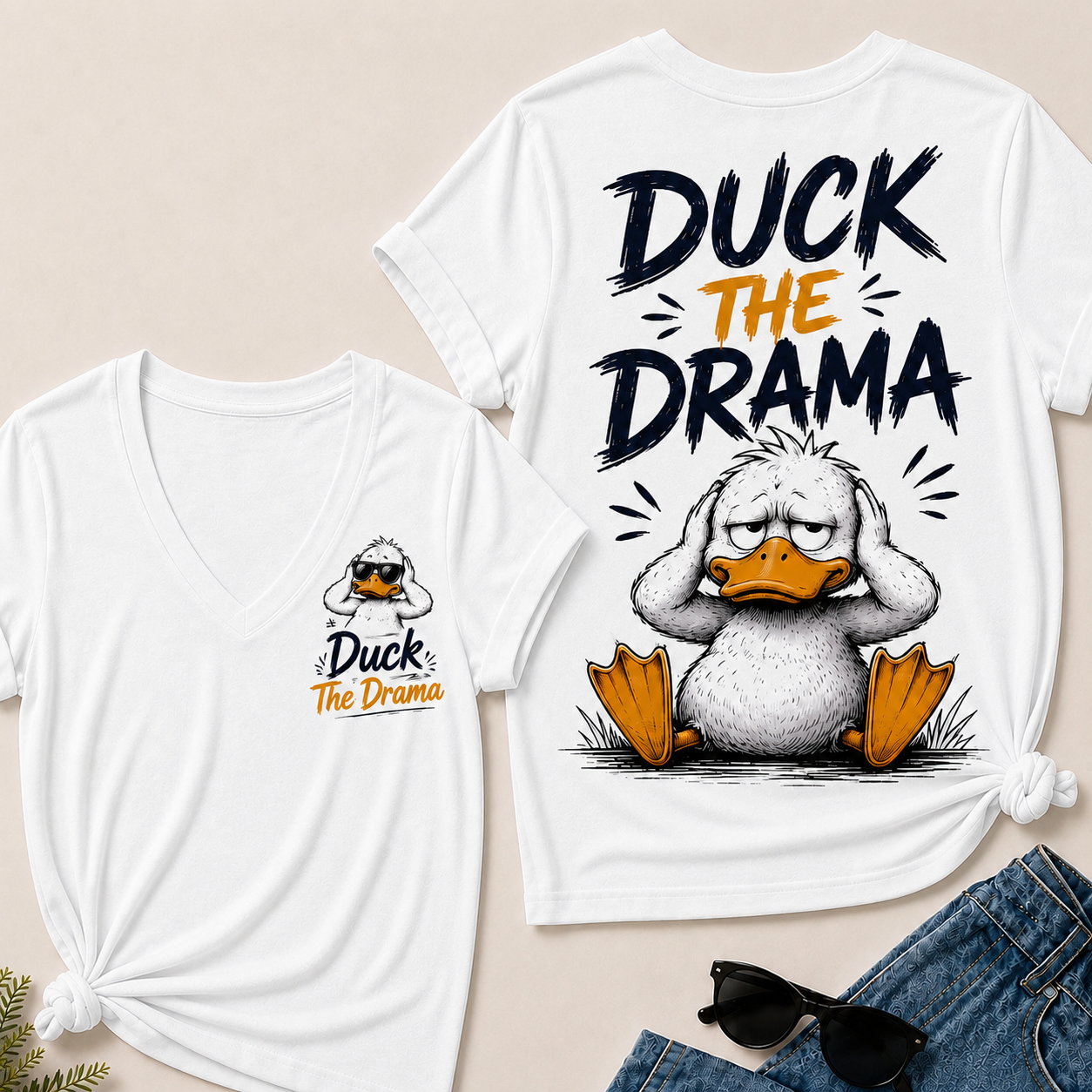 "Duck The Drama" Funny Duck V-Neck Tee
