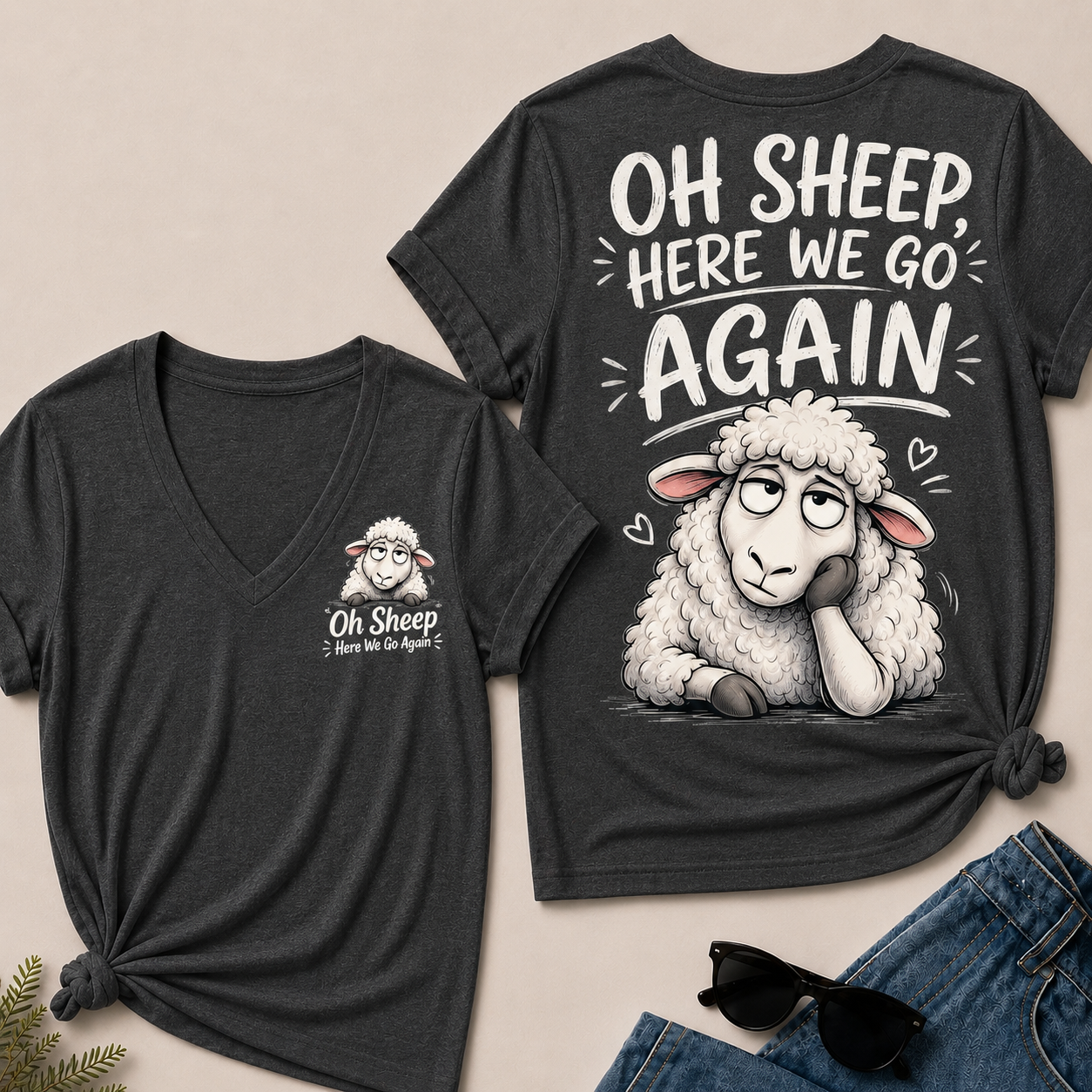 "Oh Sheep, Here We Go Again" Funny Sheep V-Neck Tee