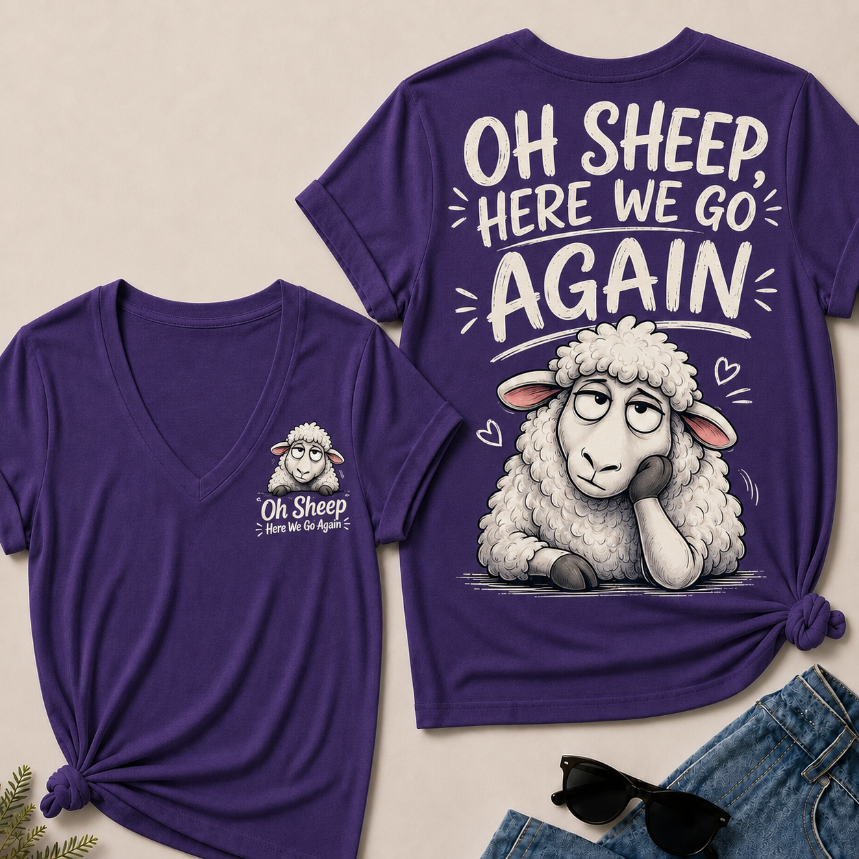 "Oh Sheep, Here We Go Again" Funny Sheep V-Neck Tee