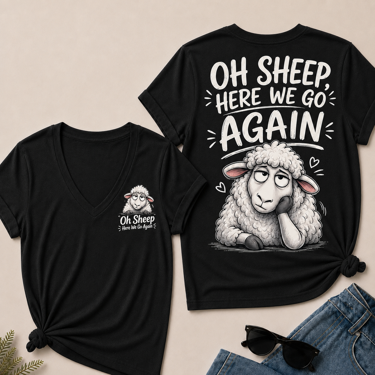 "Oh Sheep, Here We Go Again" Funny Sheep V-Neck Tee