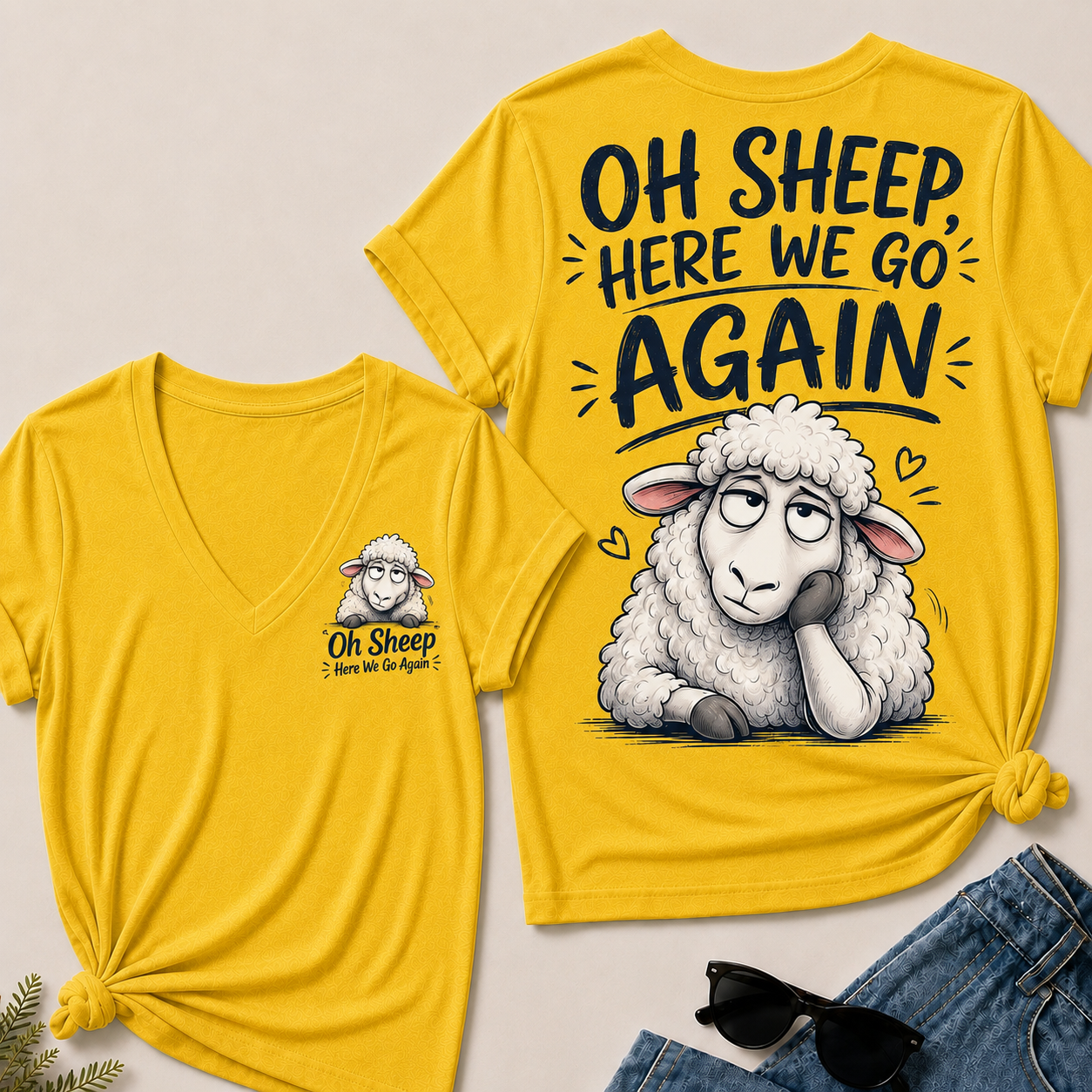 "Oh Sheep, Here We Go Again" Funny Sheep V-Neck Tee