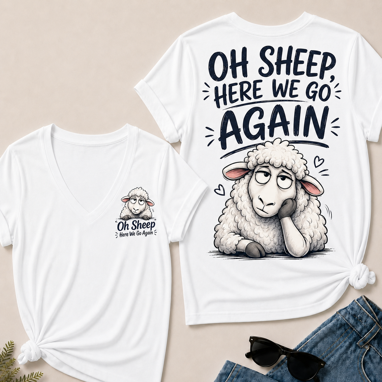 "Oh Sheep, Here We Go Again" Funny Sheep V-Neck Tee
