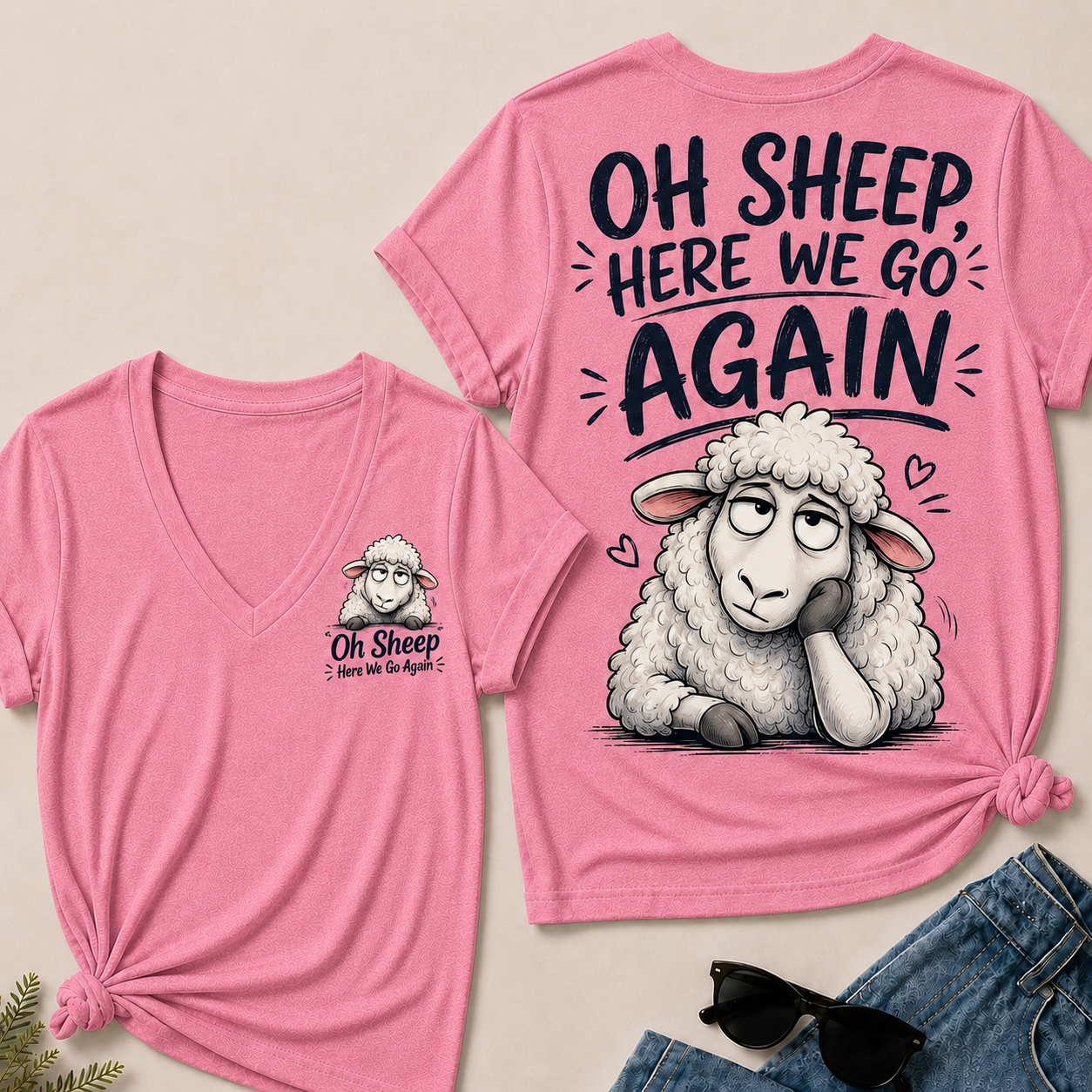 "Oh Sheep, Here We Go Again" Funny Sheep V-Neck Tee