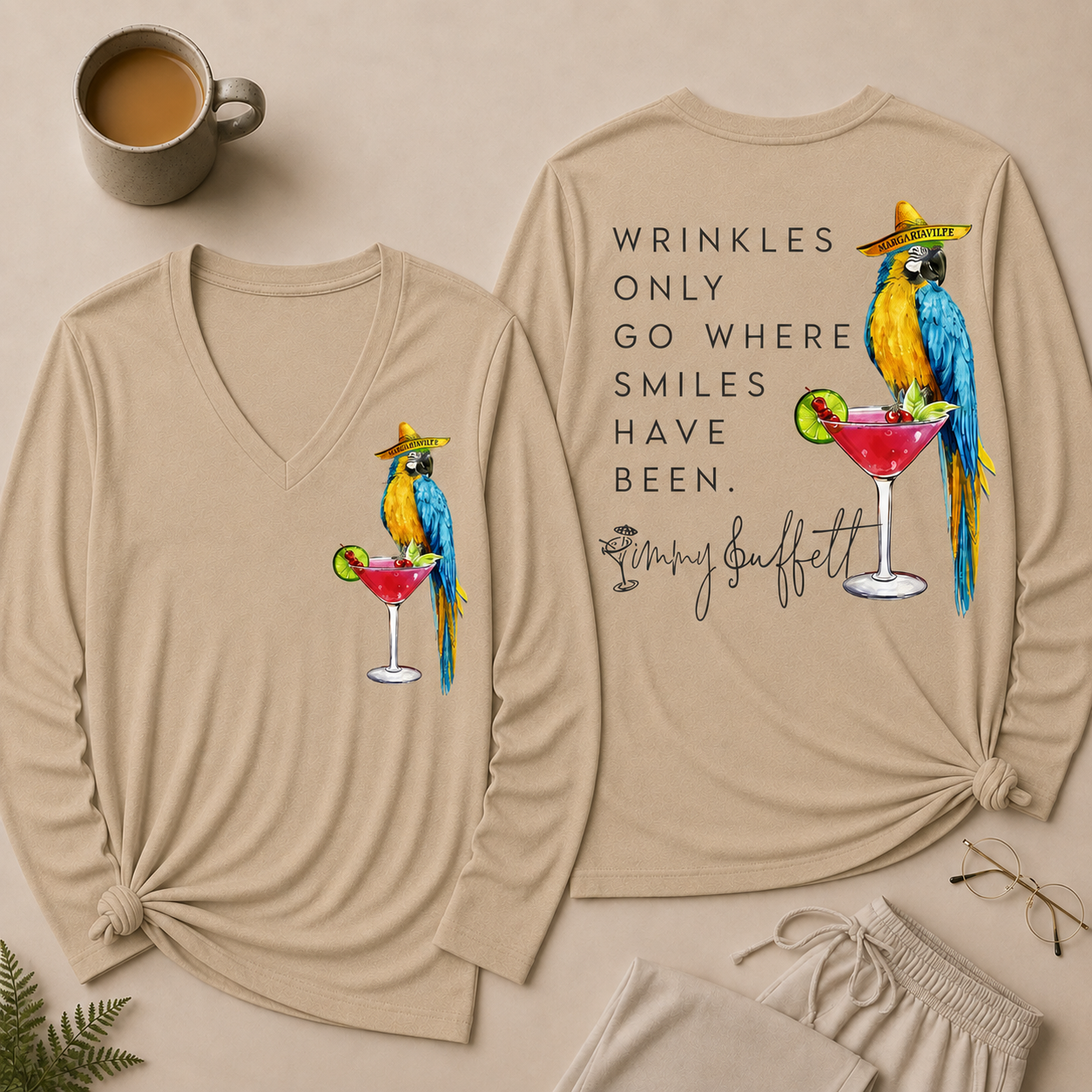 Wrinkles Only Go Where Smiles Have Been V Neck Long Sleeve Shirt