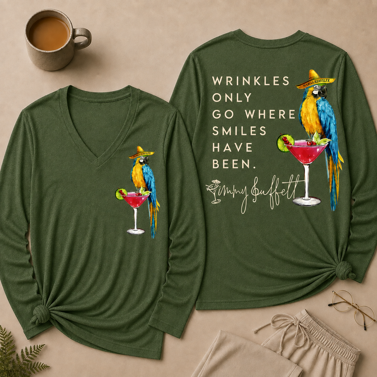 Wrinkles Only Go Where Smiles Have Been V Neck Long Sleeve Shirt