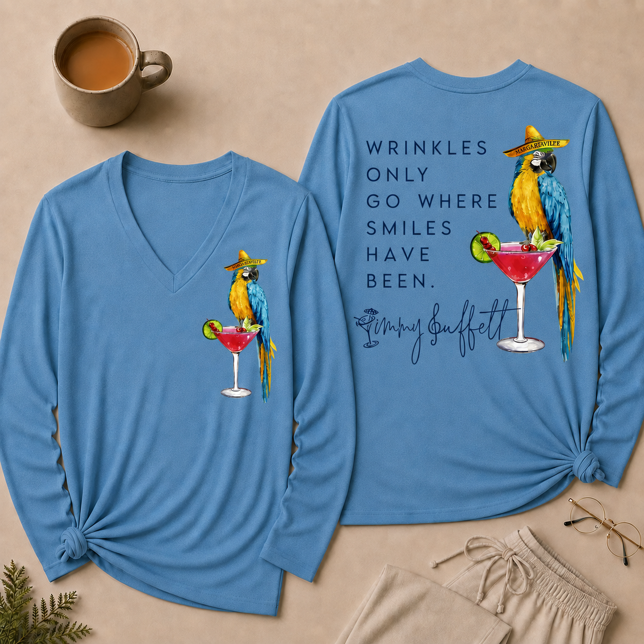 Wrinkles Only Go Where Smiles Have Been V Neck Long Sleeve Shirt
