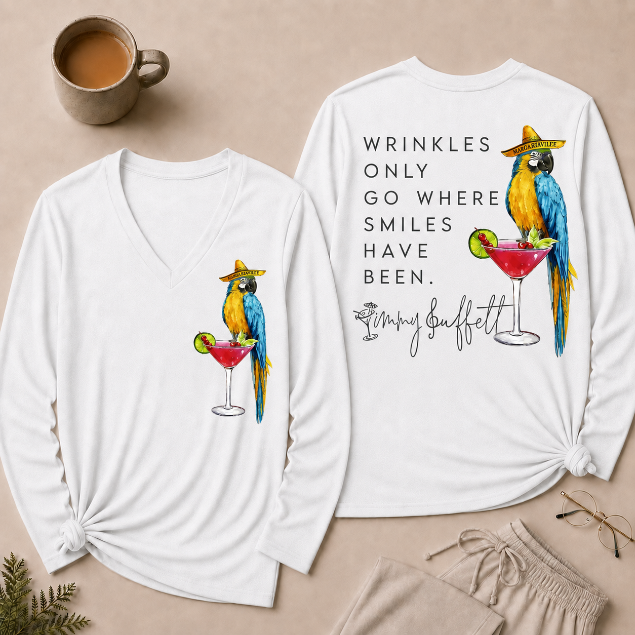 Wrinkles Only Go Where Smiles Have Been V Neck Long Sleeve Shirt