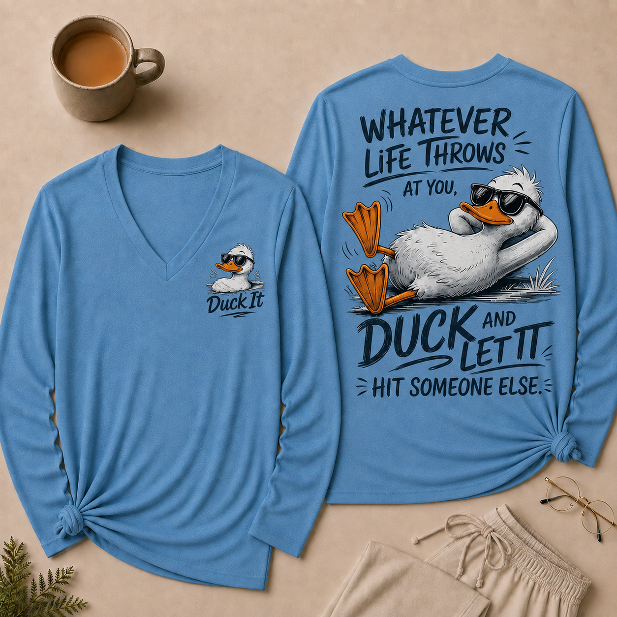 Whatever Life Throws at You – Duck It V-Neck Long Sleeve Shirts