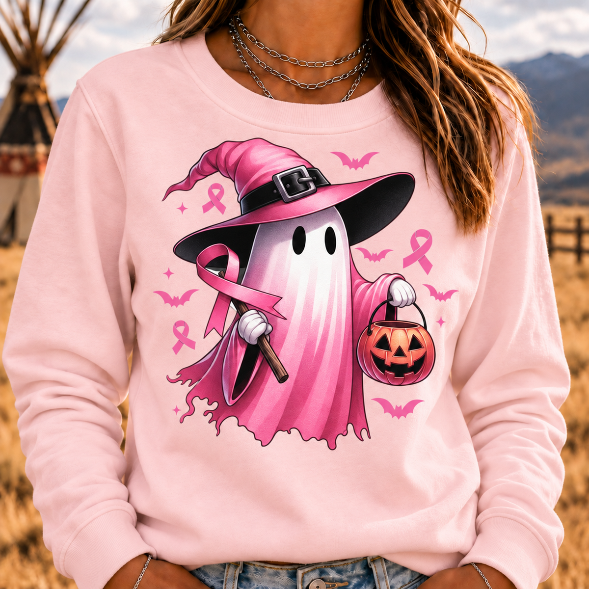 Women's In October We Wear Pink Halloween Ghost Breast Cancer Awareness Sweatshirt