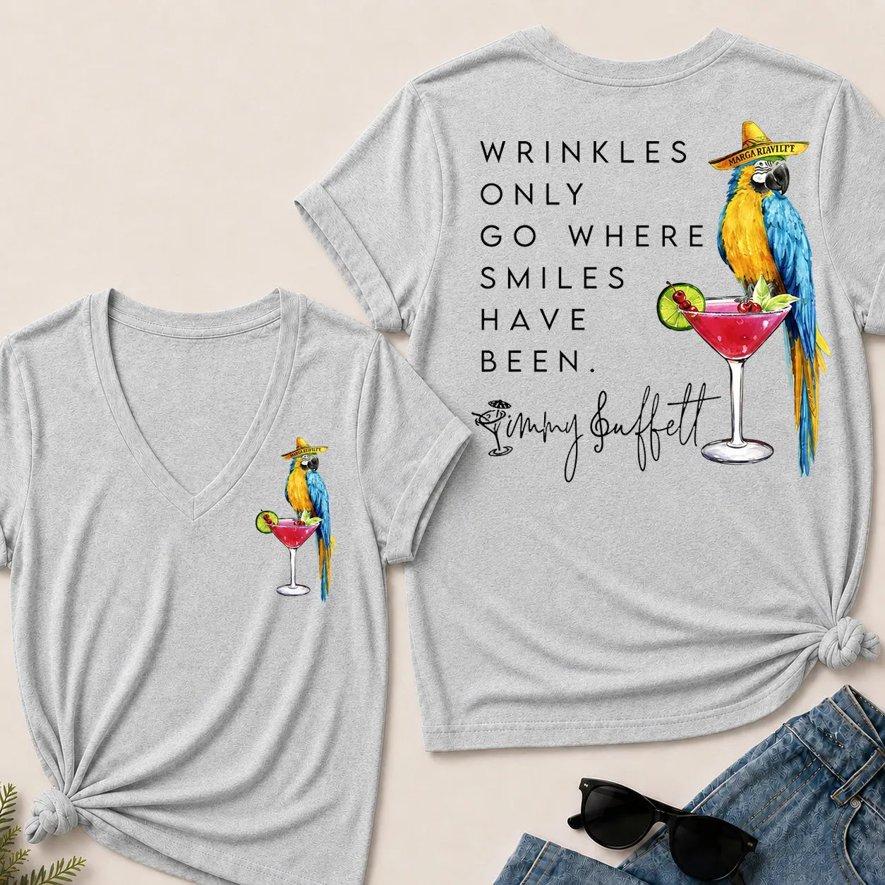Wrinkles Only Go Where Smiles Have Been – Jimmy Buffett Tribute V-Neck T-Shirt