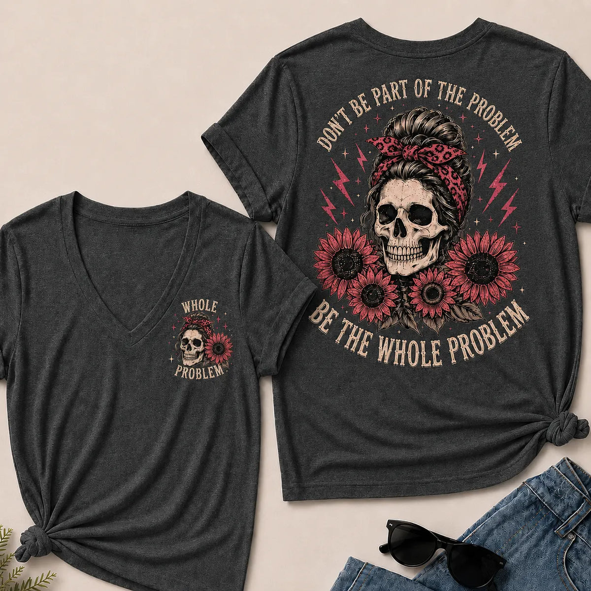 Women’s V‑Neck T‑Shirt, Leopard Bandana Skull Sunflower “Be The Whole Problem” Graphic Tee, Front & Back Print Sarcastic Casual Short Sleeve Top