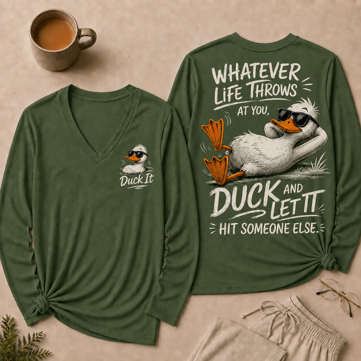 Whatever Life Throws at You – Duck It V-Neck Long Sleeve Shirts