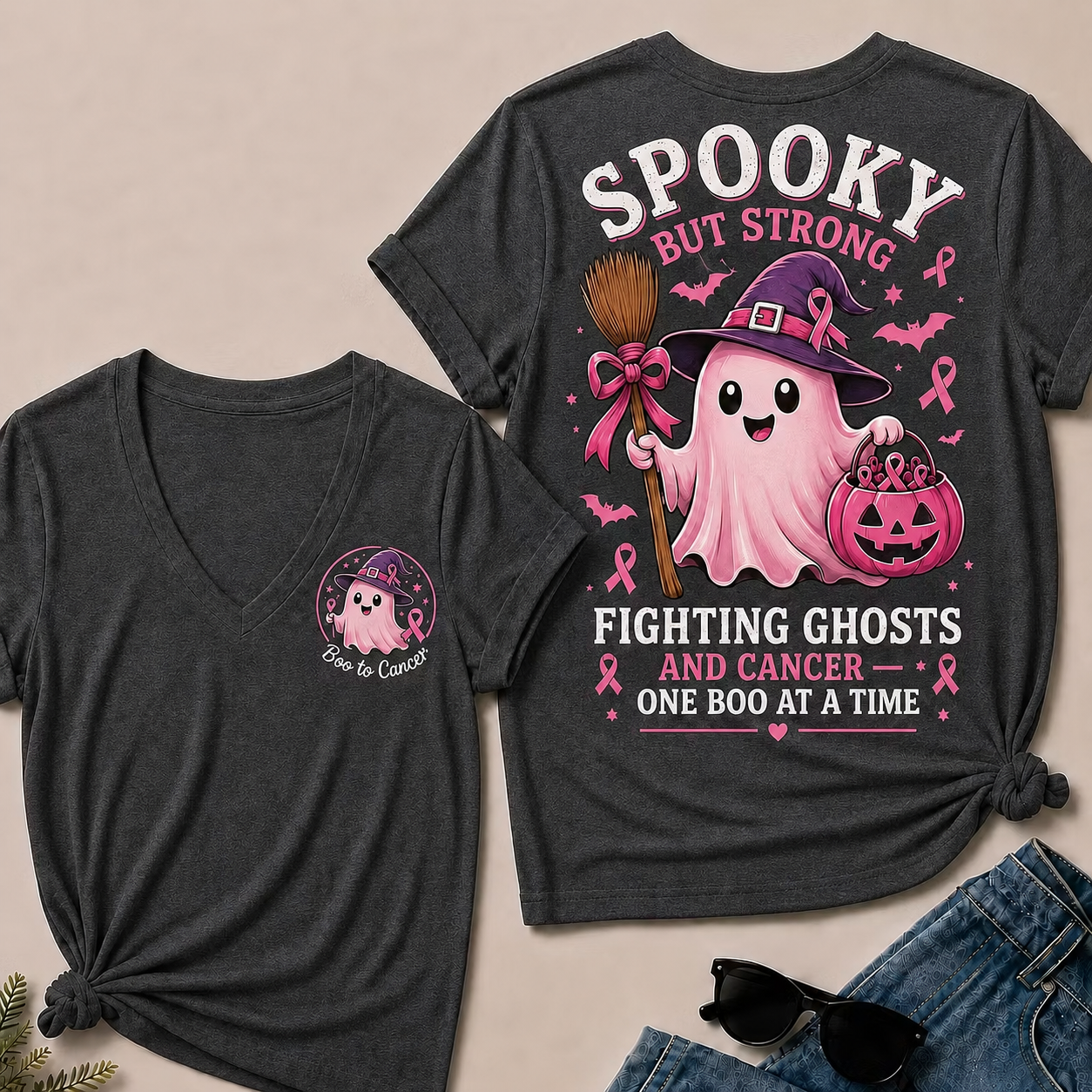 "Fighting Ghosts and Cancer – One BOO at a Time" V-Neck Tee