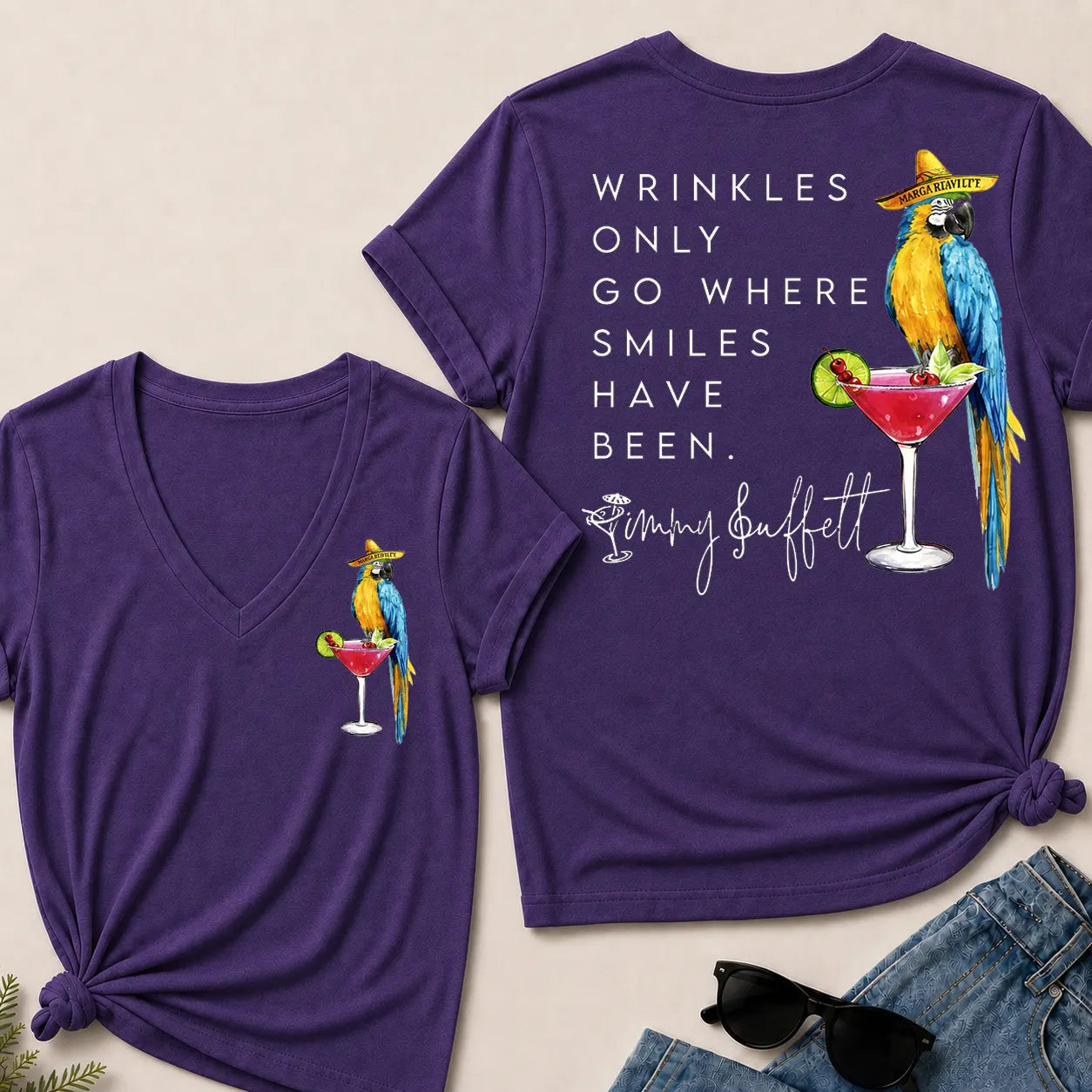 Wrinkles Only Go Where Smiles Have Been – Jimmy Buffett Tribute V-Neck T-Shirt