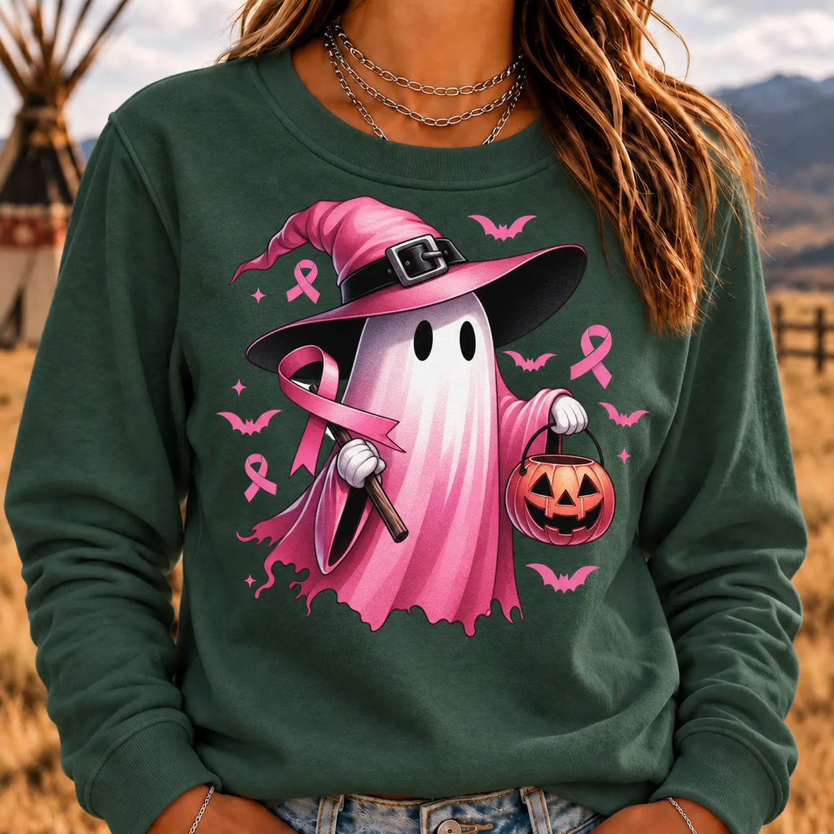 Women's In October We Wear Pink Halloween Ghost Breast Cancer Awareness Sweatshirt